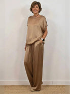 Silken Escape Satin Two-Piece Set with flowing top and wide-leg pants in luxurious satin fabric