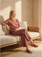 Lightweight Meadow loose fit co-ord set with soft-tailored top and wide-leg bottoms in breathable cotton blend fabrics