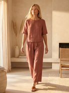 Relaxed loose fit co-ord set with soft-tailored top and wide-leg bottoms in breathable cotton blend
