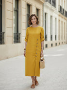 Pure Cotton Elegance dress made from 100% soft cotton fabric with linen-like look, perfect year-round wear and travel-friendly style.