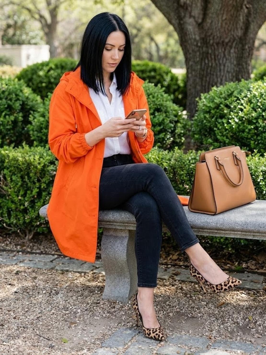 Woman wearing orange Rain Couture Windbreaker sitting on a stone bench outdoors with a tan handbag nearby