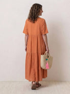 V-neck two-tiered maxi swing dress in flowy cotton fabric with irregular hemline and draped sleeves