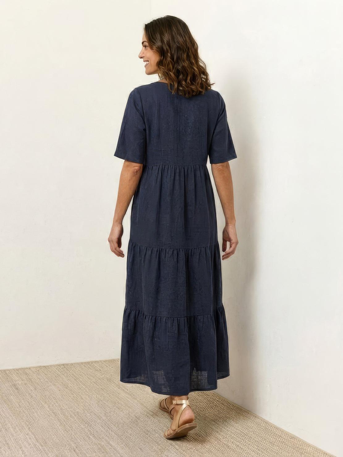 Model wearing V-neck two-tiered maxi swing dress with flowy tiers and irregular hemline
