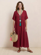 V-neck two-tiered maxi swing dress in flowing cotton fabric with irregular hem and loose sleeves