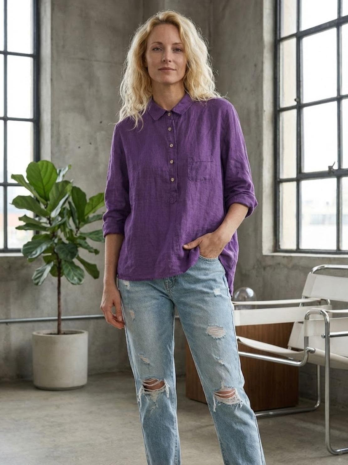breathable vintage linen shirt in cotton-linen blend, casual chic style, lightweight and packable clothing