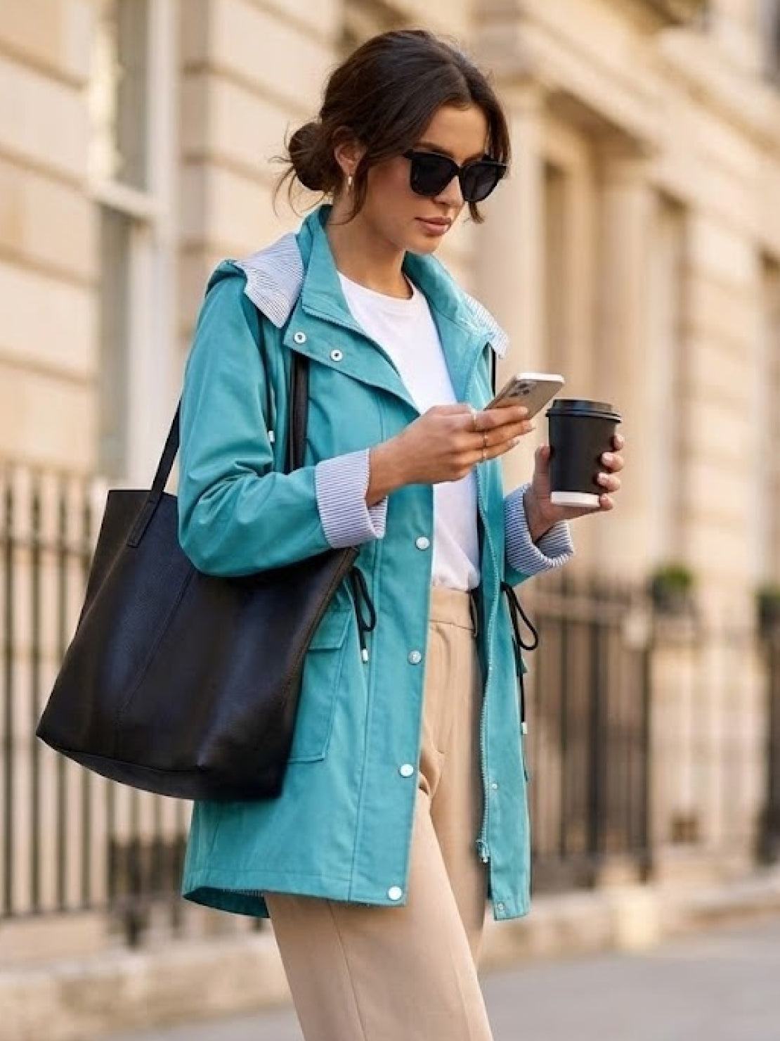 woman wearing teal water resistant windbreaker jacket with hood holding coffee cup and phone outdoors