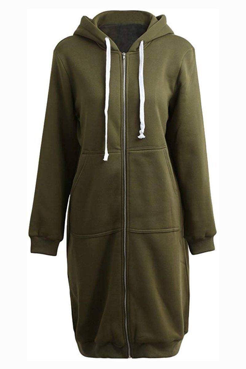 Oversized long zip sweatshirt hoodie with fleece lining and drawstring hood in olive green