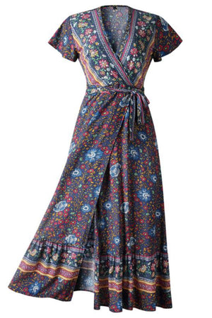 Bohemian Floral Print Wrap Dress